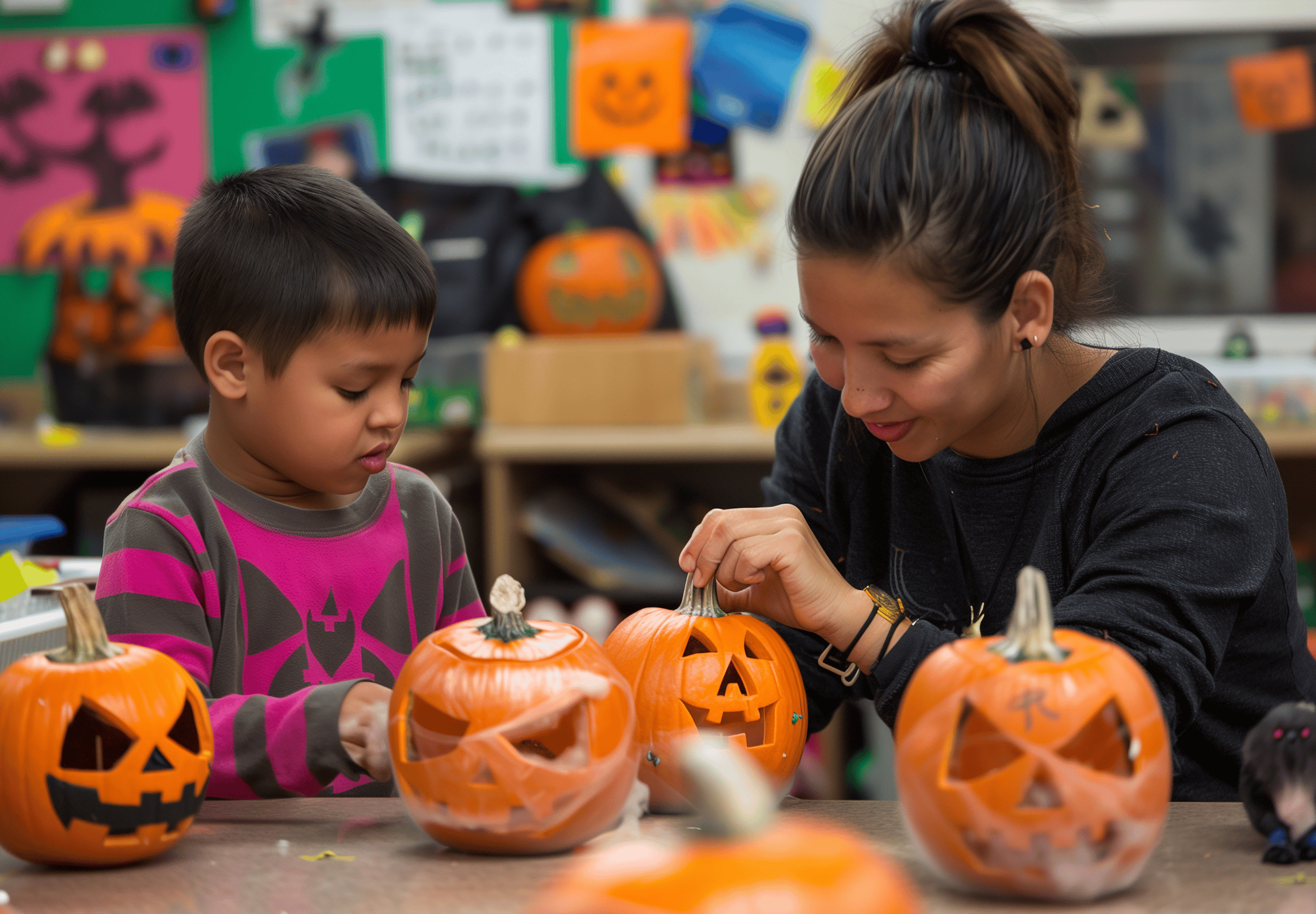 Teacher working calmly with student in October with pumpkins